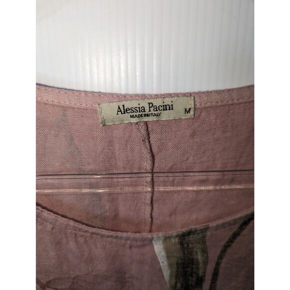Alessia Pacini Linen Dress Pink Floral Pattern Asymmetrical Hem Size M  Pockets - Picture 5 of 10